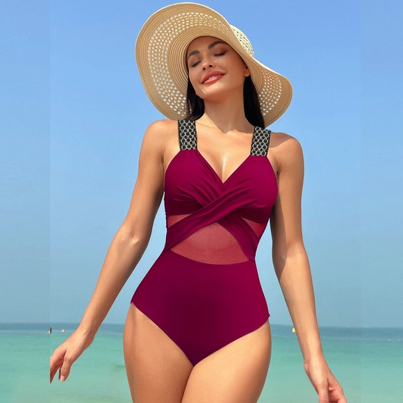 Anna-Kaci Other - 🆕 AK Burgundy Mesh Tummy Control One-Piece Crochet Swimsuit Sz Small | NWT